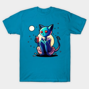 Alien Cat Having a Cocktail T-Shirt